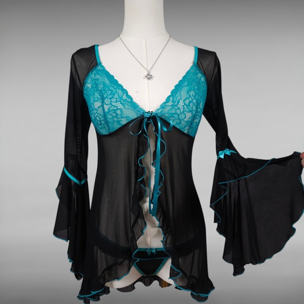 Vintage Y2K Escante Whimsigoth Sheer Mesh Bell Sleeve Babydoll Lingerie Set S